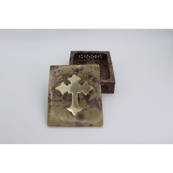 Religious Gift, Stone Trinket Box with Brass Cross Inlay, 4x3" - Picture 1 of 11